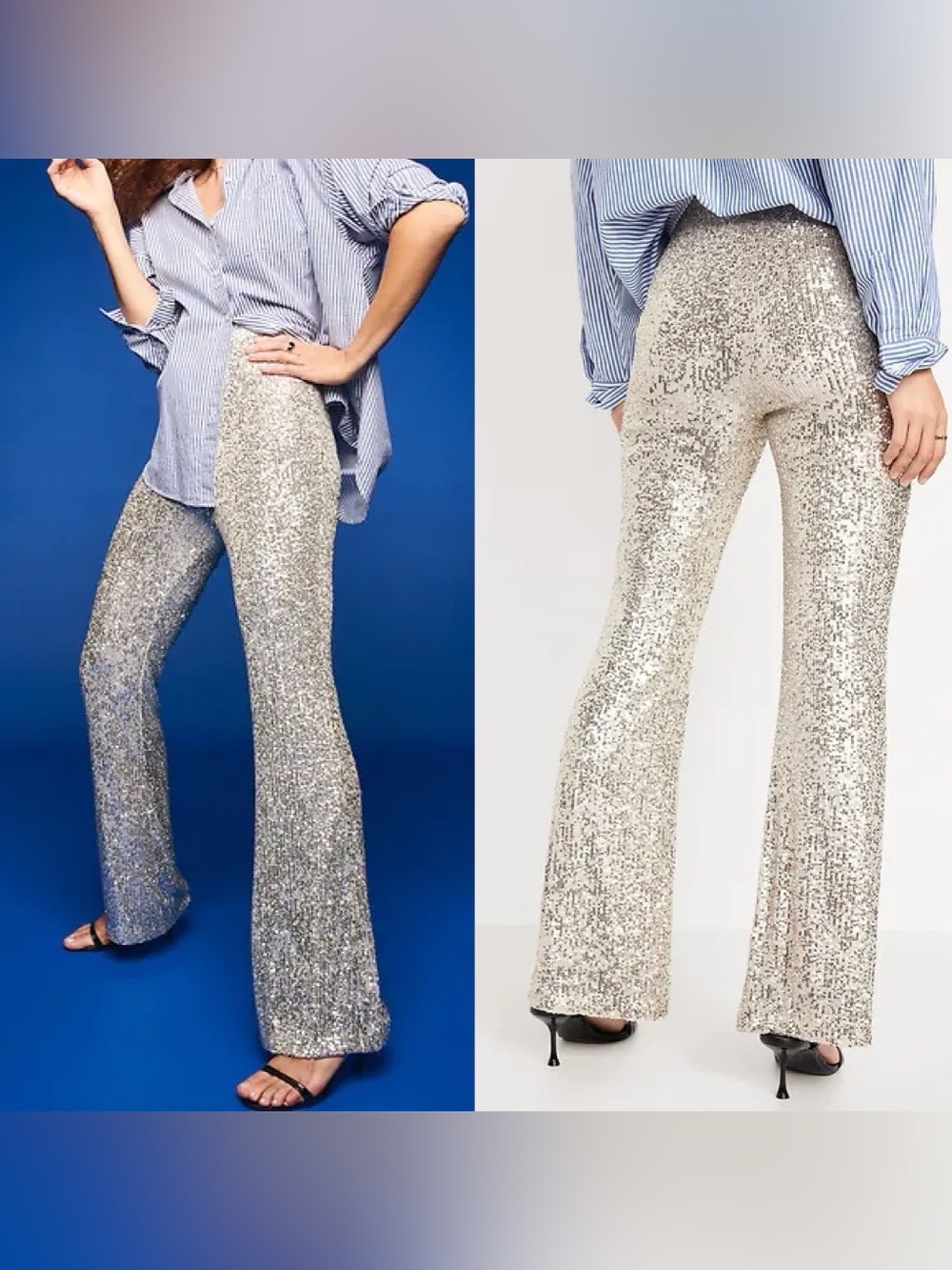 Old Navy Silver Sequin Flare Pants Womens Small High Rise Metallic Party Sparkle